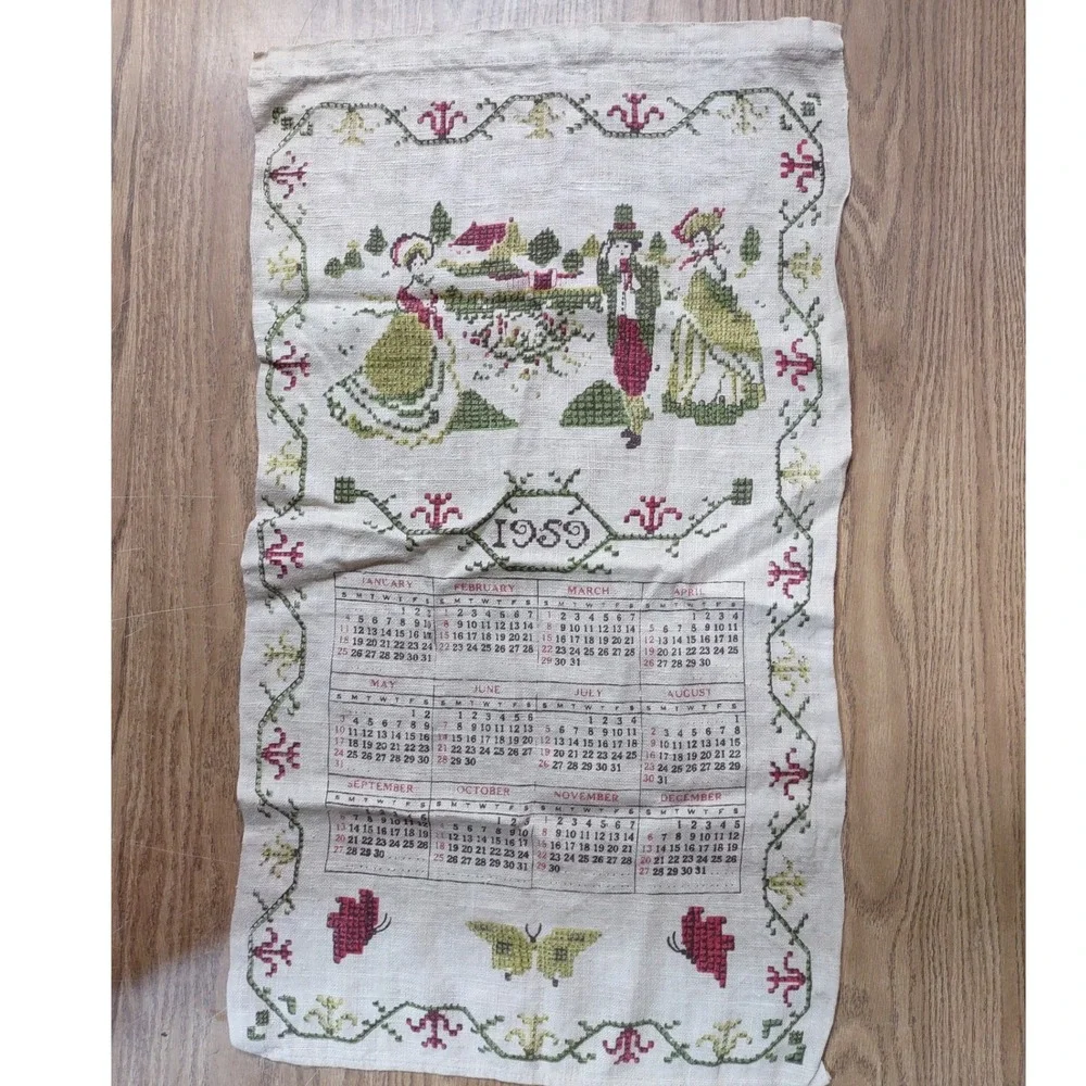 Vintage 1959 Stevens Linen Calendar Tea Towel Colonial Mid Century Americana